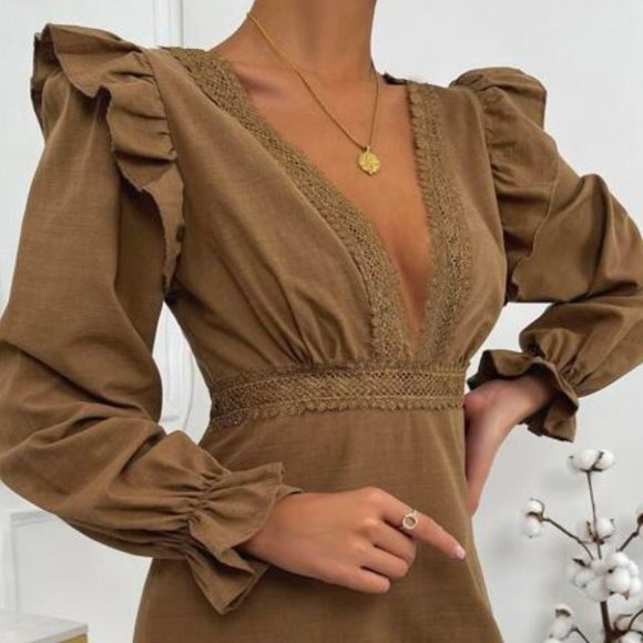 BOHO DOLLZ Plunging Neckline Mini Dress brown - Picture 5 of 6